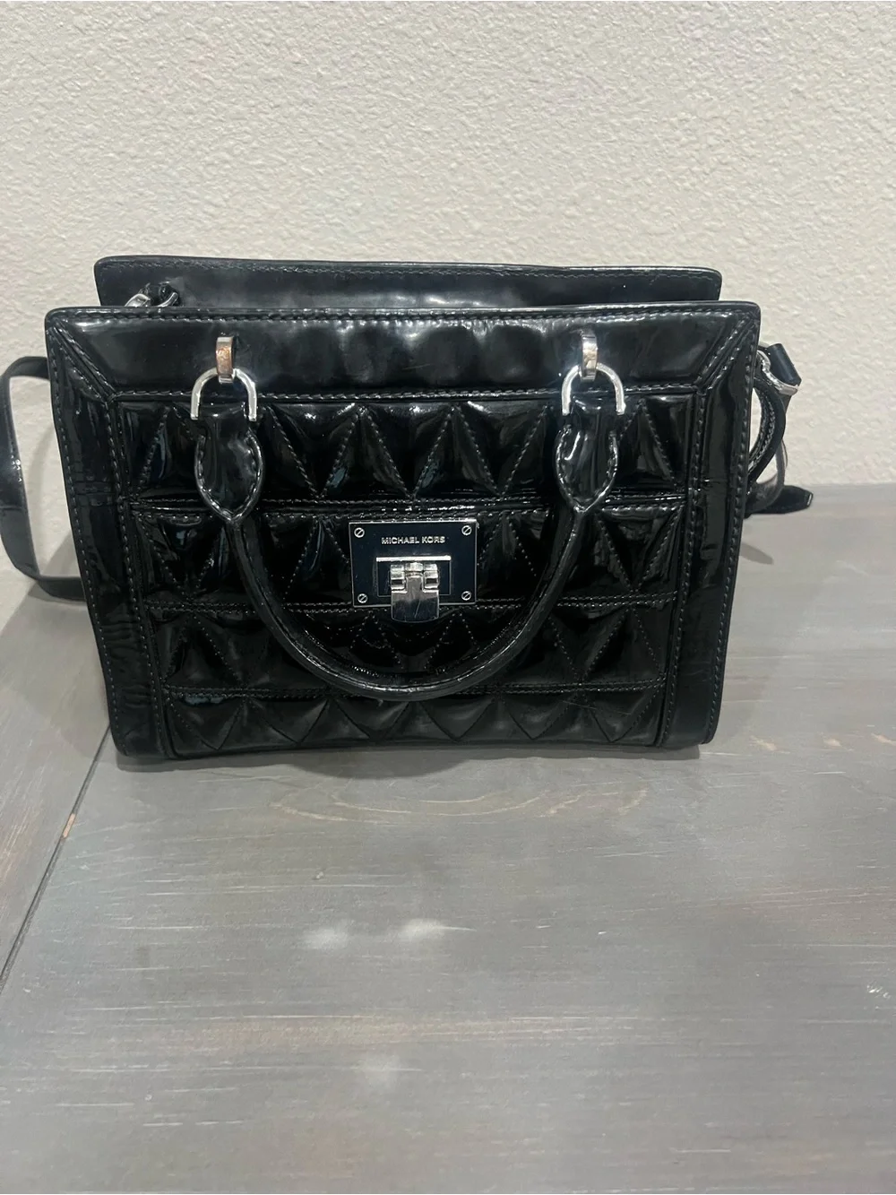 Michael Kors Black Quilted Patent Satchel with Turn-Lock - Picture 1 of 9